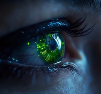 Macro shot of luminous green eye with clock numbers reflected in pupil, surrounded by long dark lashes against dramatic blue lighting and water droplets.
