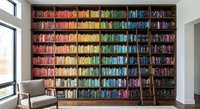 Colorful rainbow bookshelf with organized books by color creating vibrant gradient display in modern home library interior for reading and education.
