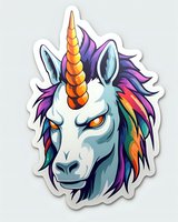Fierce unicorn head with rainbow mane and orange spiral horn on white background, sticker style artwork isolated for creative design projects.