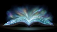 Magical glowing open book with mystical light, sparkles and ethereal aurora effects emerging from pages against dark background, fantasy literature concept.