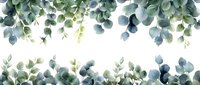 Delicate eucalyptus leaves and branches create an elegant botanical border frame on white background, soft watercolor style foliage in muted blue-green tones.