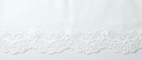 White delicate lace trim border with intricate floral pattern on clean background for wedding invitations, crafts and feminine design projects.