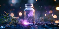 Glowing purple light emanates from glass jar surrounded by magical bokeh lights and delicate foliage at night, creating mystical atmospheric scene.