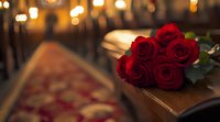 Red roses lying on wooden surface with soft bokeh lights in background, creating romantic atmosphere. Perfect for Valentine's Day, anniversaries, or wedding designs.