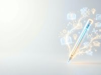 Pen with glowing education icons and symbols floating around it on white background, representing learning, knowledge, creativity, and academic success for design projects.