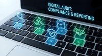 Digital audit compliance and reporting concept with glowing icons on laptop keyboard for business technology and financial management solutions.