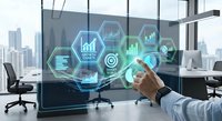 Businessman touching digital interface with analytics icons in modern office. Business intelligence, data visualization and financial technology concept.