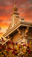 Ornate classical building corner with decorative columns and carved details against dramatic orange sunset sky creating warm golden hour lighting atmosphere.