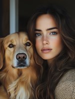 Young woman with freckles and blue eyes posing with golden retriever dog in soft natural light, creating intimate portrait for lifestyle and pet photography.