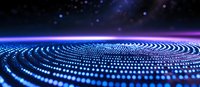 Futuristic spiral pattern of glowing blue dots forming circular waves against dark background with purple light effects and bokeh particles floating above.