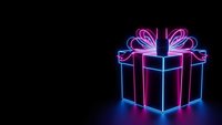 Neon gift box with glowing pink and blue lights on black background for holiday celebrations and special occasions.