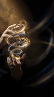 Hands holding glowing spiral clock faces with golden light particles and magical energy swirling against dark background, representing time management and future vision.