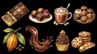 Chocolate themed clipart set with cocoa pod, truffles, hot drink, cupcake, cookies, and splash, isolated on transparent background, ready for stickers and print on demand.