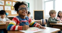 Happy African American elementary school girl with glasses and curly hair smiling in classroom wearing colorful striped sweater during lesson time.