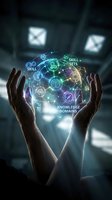 Hands holding glowing digital sphere with skill sets and knowledge domains icons for education technology and professional development concepts.