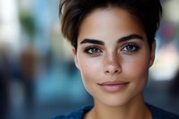 Young woman with short dark hair and blue eyes looking directly at camera with neutral expression against blurred urban background.
