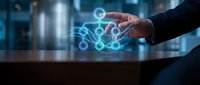 Businessman hand touching glowing network nodes and digital connections, representing data management, cloud computing, and interconnected technology systems for business solutions.