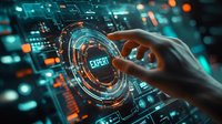 Hand touching futuristic circular interface with glowing cyan elements against dark background with digital patterns and orange bokeh lights.