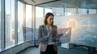 Professional businesswoman analyzing digital data analytics on transparent screen in modern office with city skyline view during daytime.