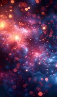 Magical space background with glowing pink and blue bokeh lights, sparkling particles and cosmic dust creating ethereal galaxy atmosphere.