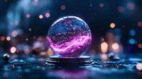 Mystical crystal ball with glowing purple energy swirl against dark background with bokeh lights, creating magical atmosphere for fortune telling concept.