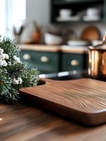 Rustic wooden cutting board with evergreen branch decoration on kitchen counter, dark green cabinets and copper cookware create cozy winter atmosphere.