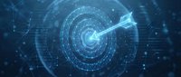 Digital target with glowing arrow hitting bullseye center in futuristic blue network environment for business success and goal achievement concepts.