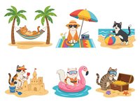Cartoon cats enjoying summer beach vacation activities with palm trees, hammock, umbrella, inflatable flamingo float, sandcastle, and treasure chest on sandy shore isolated on white background.