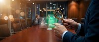 Businessman using smartphone with digital document management interface in modern office boardroom for paperless workflow and data organization.