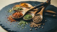 Assorted colorful spices and herbs in wooden spoons on dark slate board. Culinary ingredients for cooking and seasoning food preparation in kitchen.