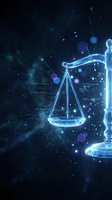 Digital justice scales glowing with blue neon light against dark futuristic background with hexagonal particles and data streams for legal technology concepts.