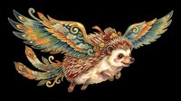 Cute hedgehog with ornate golden and teal wings, isolated on transparent background, ready for t-shirt design, stickers, clipart, print-on-demand products and sublimation projects.