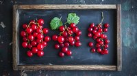 Fresh red currant bunches arranged on dark vintage wooden tray against rustic background, bright berries with green leaf for food photography and design.