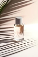 Elegant glass perfume bottle with palm leaf shadows on beige background, minimalist luxury cosmetic product photography for beauty and fragrance marketing.