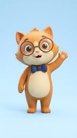Cute cartoon cat character with glasses and bow tie waving on blue background for children education and learning materials.