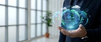 Businessman in dark suit holding glowing digital globe with network connections and data visualization, representing global technology, internet connectivity, and worldwide business communication.