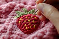 Embroidered red raspberry with needle and thread on pink quilted fabric background. Handmade needlework craft project for textile and sewing design use.