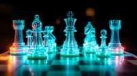 Glowing glass chess pieces on dark board with dramatic turquoise and orange lighting creating mysterious atmosphere. Strategic game concept with modern artistic approach.