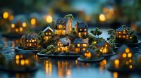 Miniature glowing houses on small islands with warm lights reflecting in calm water create magical evening atmosphere. Bokeh lights add dreamy effect.