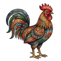 Ornamental rooster with intricate decorative patterns in warm and cool tones, isolated on white background. Suitable for clipart, t-shirt design, and print applications.