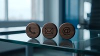 Contact us symbols engraved on wooden spheres representing phone, email, and at sign for business communication and customer service concepts.