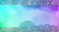 Gradient background transitioning from cyan to purple with mountain silhouettes and geometric tribal borders, suitable for web design, presentations, and digital artwork projects.