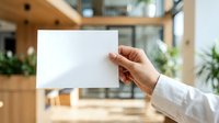 Close-up of hand holding blank white card in modern office lobby with wooden interior and green plants, suitable for business messaging and corporate branding.