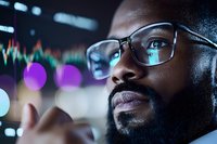 African American businessman in glasses analyzing financial market data reflected in his eyewear against blurred trading charts background.