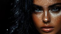 Close up portrait of young African American woman with glitter makeup, blue eyes and black hair against dark background. Professional beauty photography.