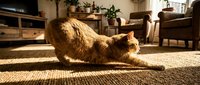 Ginger tabby cat stretching in downward dog pose on living room carpet with sunlight, furniture and plants in background for pet behavior and wellness content.