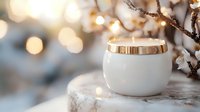 White luxury cosmetic cream jar with gold cap on marble surface against blurred bokeh lights and delicate spring blossom branches, elegant skincare concept.