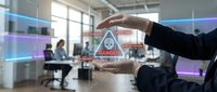 Businessman holding holographic danger warning sign in modern office workspace with colleagues working in background, representing risk management and workplace safety technology.