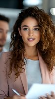 Young mixed-race businesswoman with curly hair smiling confidently in modern office environment during professional meeting or presentation.