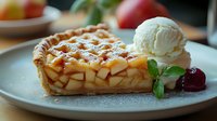 Slice of homemade apple pie with lattice crust served on gray plate with vanilla ice cream scoop and fresh mint garnish, drizzled with caramel sauce.
